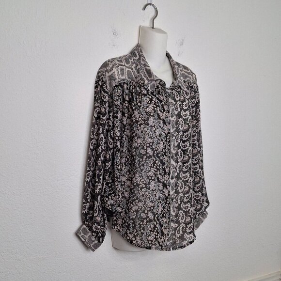 Free People Floral Paisley Snake Blouse Sz S Button Down Sheer Mix Media Boho - Picture 3 of 16